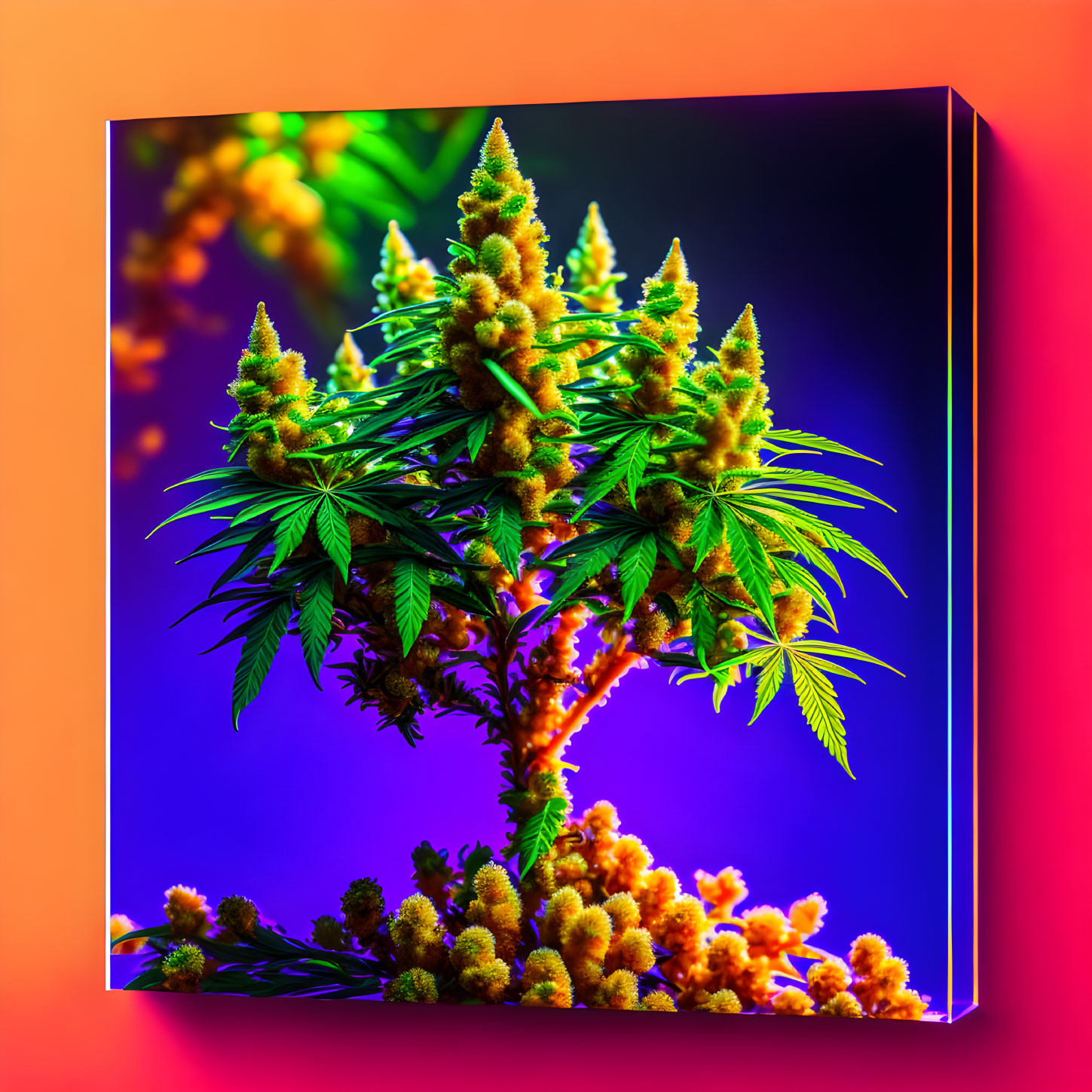 Colorful Canvas Print: Cannabis Plant Close-Up with Neon Purple and Orange Background