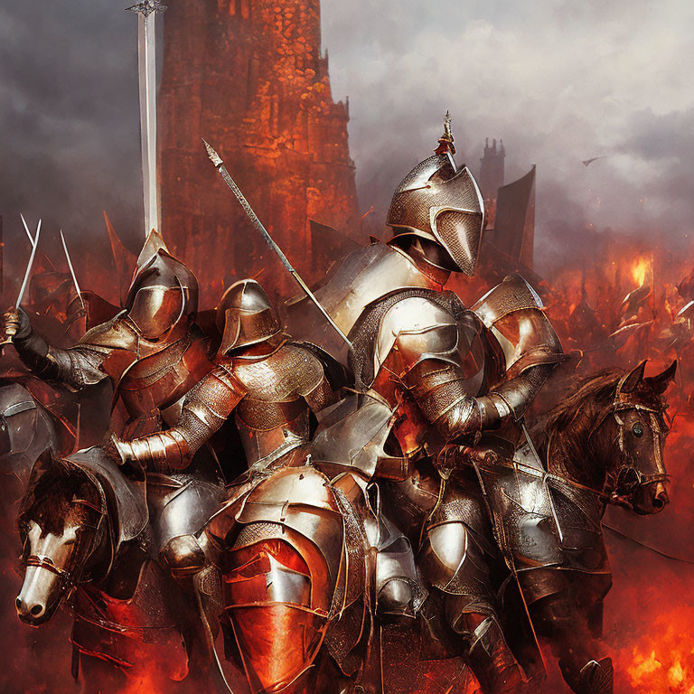 Medieval knights on horseback in fiery battle with dark castle