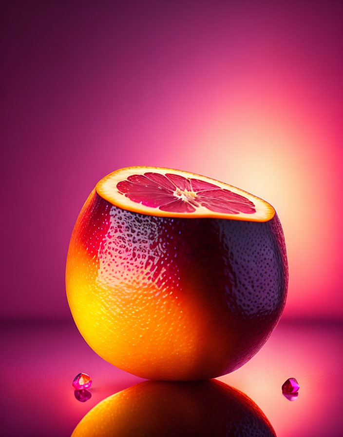 Colorful Grapefruit Slice on Dewy Half with Pink and Purple Background