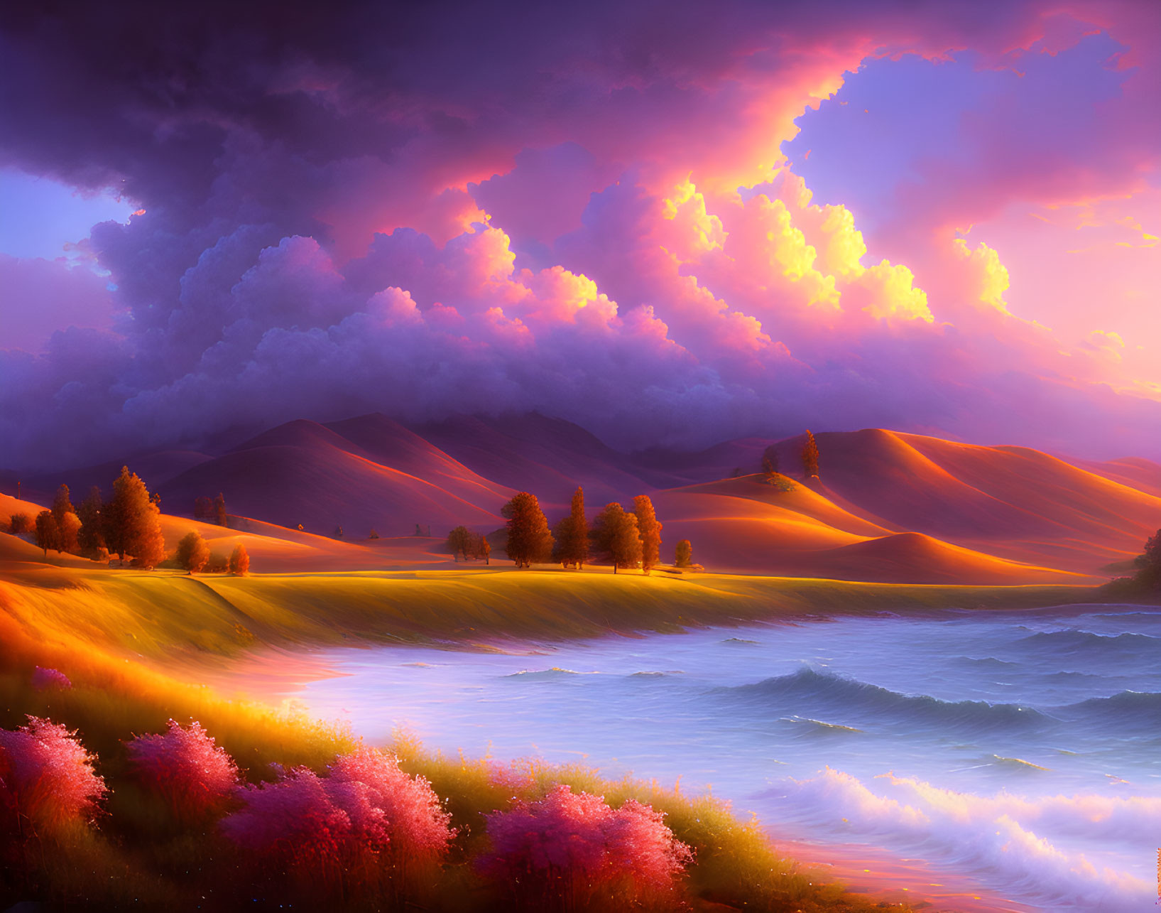 Scenic landscape with purple clouds, golden sky, rolling hills, pink wildflowers, and blue sea