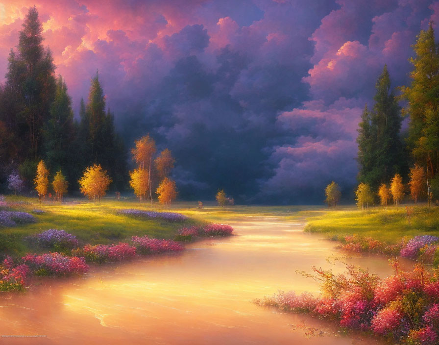 Tranquil River Landscape with Illuminated Waters and Purple Skies