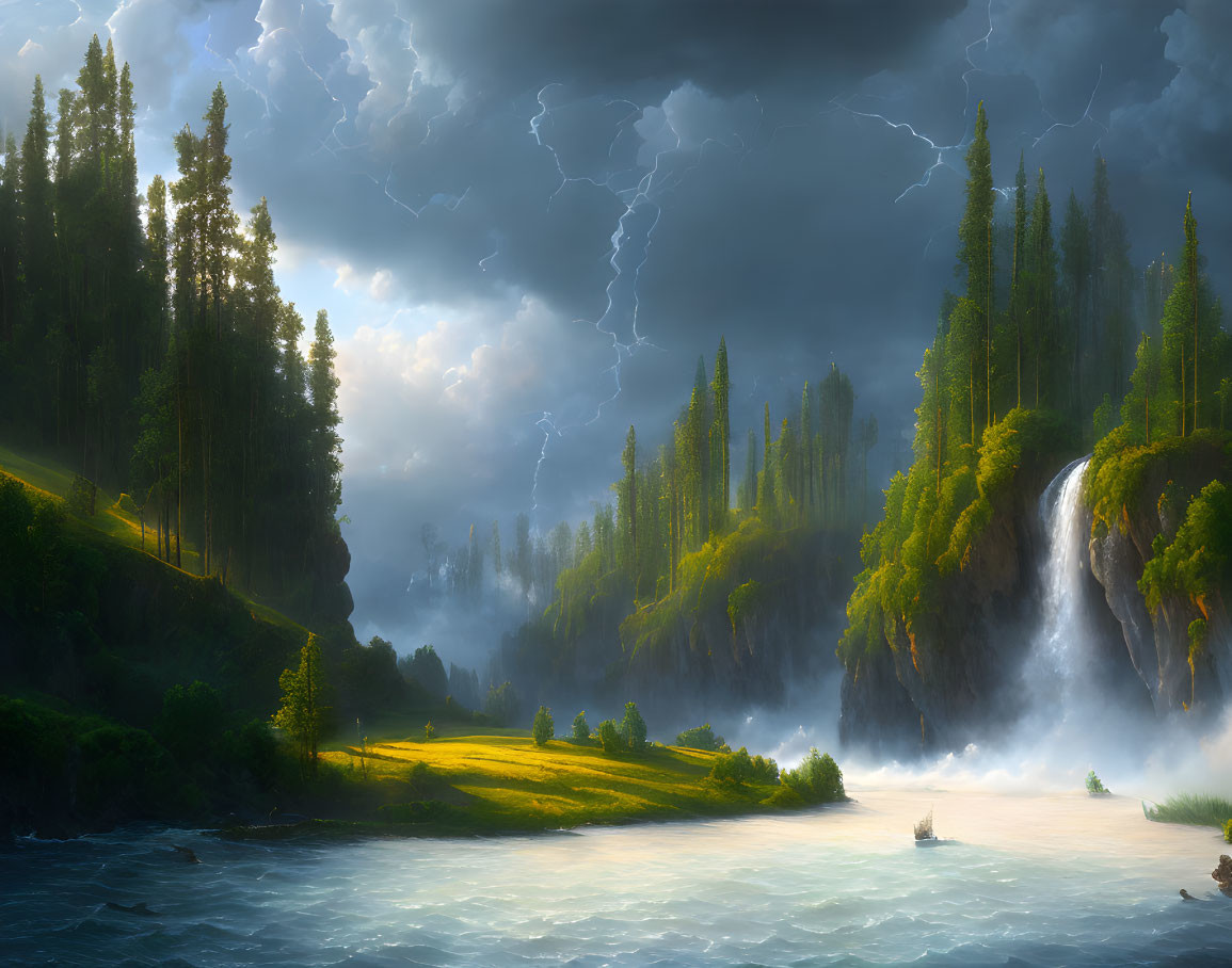 Scenic landscape with waterfall, forests, stormy sky, lightning, river boats in golden sunlight