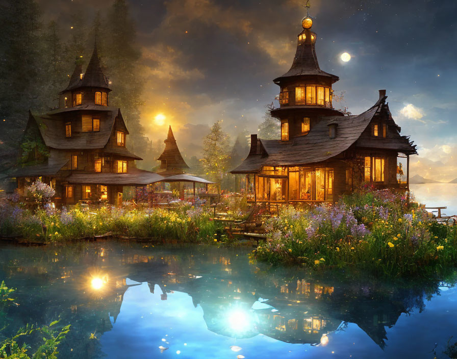 Tranquil Evening Scene: Illuminated Wooden Houses by Lake Amid Lush Flora under Starry