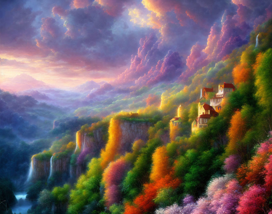 Colorful fantasy landscape with castle, cliffs, waterfalls, and river