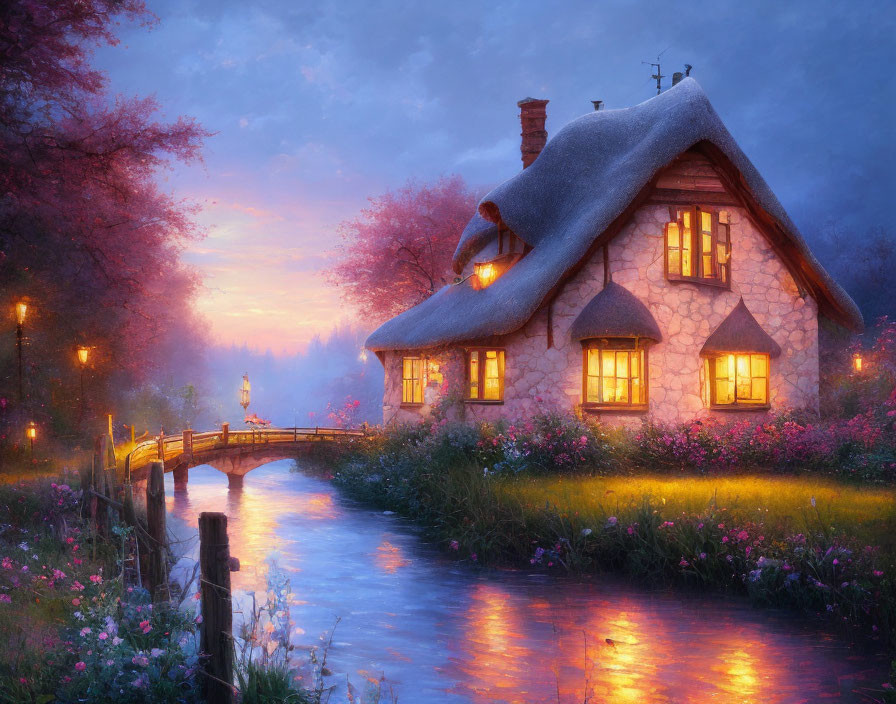 Quaint cottage with thatched roof by serene river at twilight