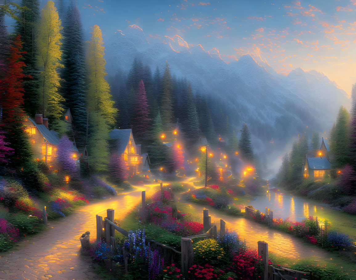 Tranquil village scene at dusk: cottages, cobblestone path, flowers, pine trees