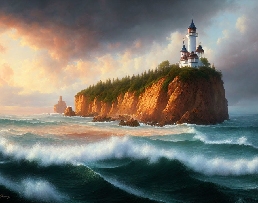 Majestic lighthouse on tree-covered island amid turbulent ocean waves