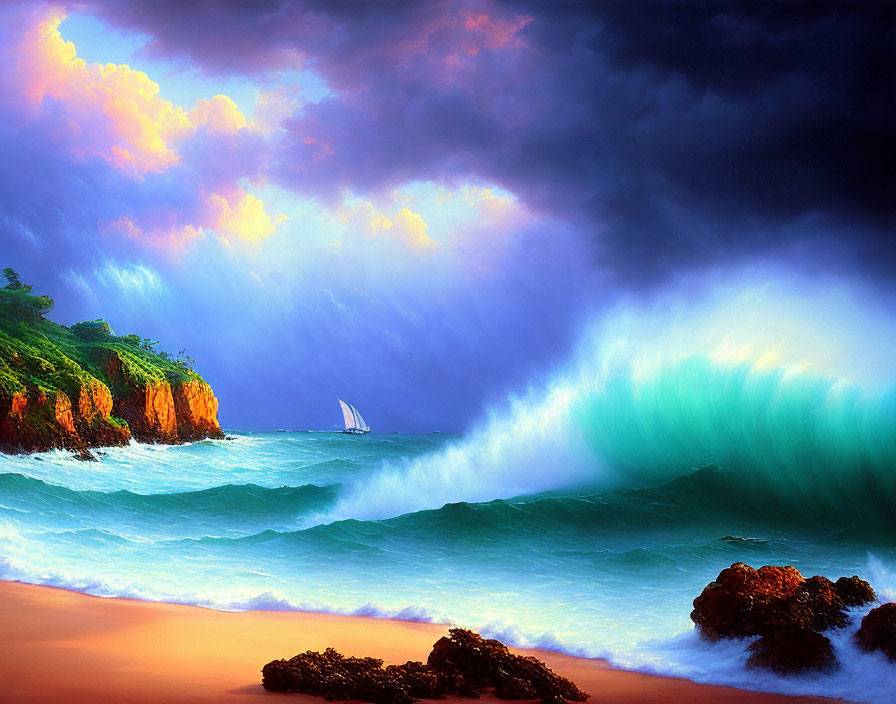 Scenic beach view with turquoise wave, sailboat, colorful clouds, and rocky shores