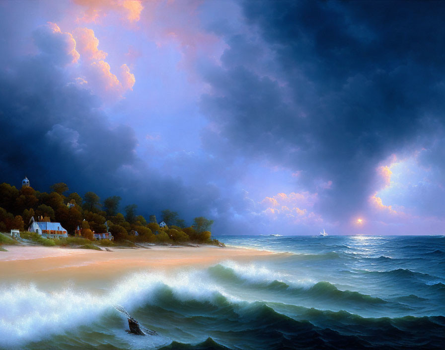 Dramatic seascape with turbulent waves and serene beach village