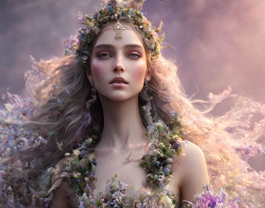 Woman adorned with whimsical flowers and delicate jewelry on floral backdrop