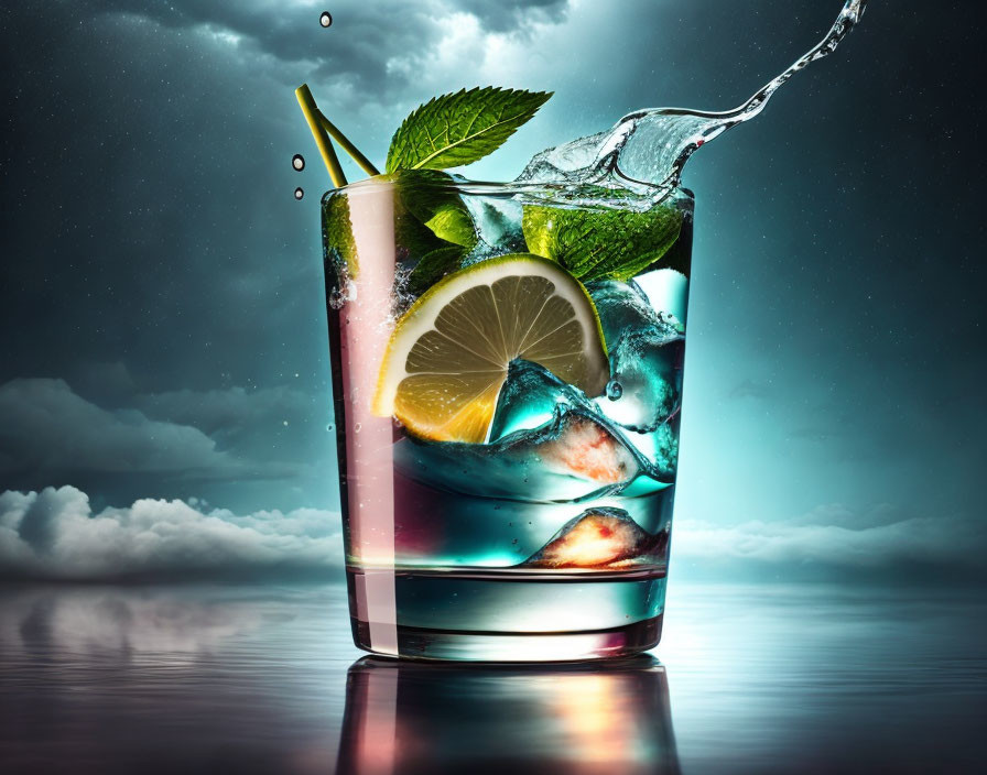 Icy Drink with Lemon, Mint, and Cloudy Sky Reflection