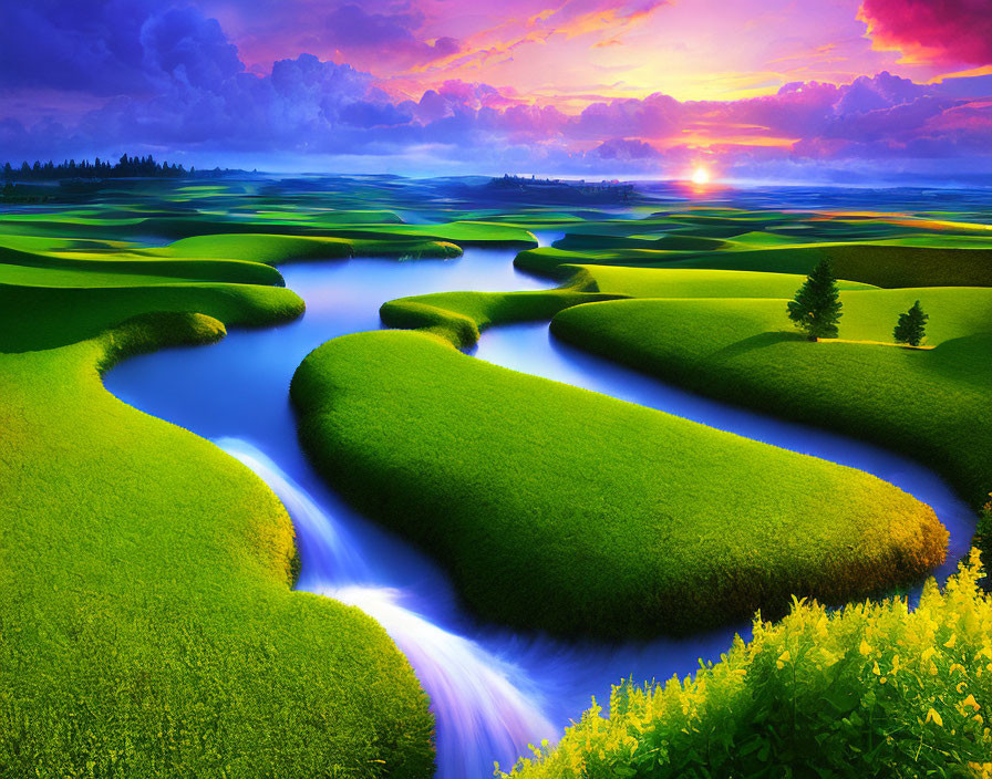 Scenic landscape: flowing river, green fields, sunset sky