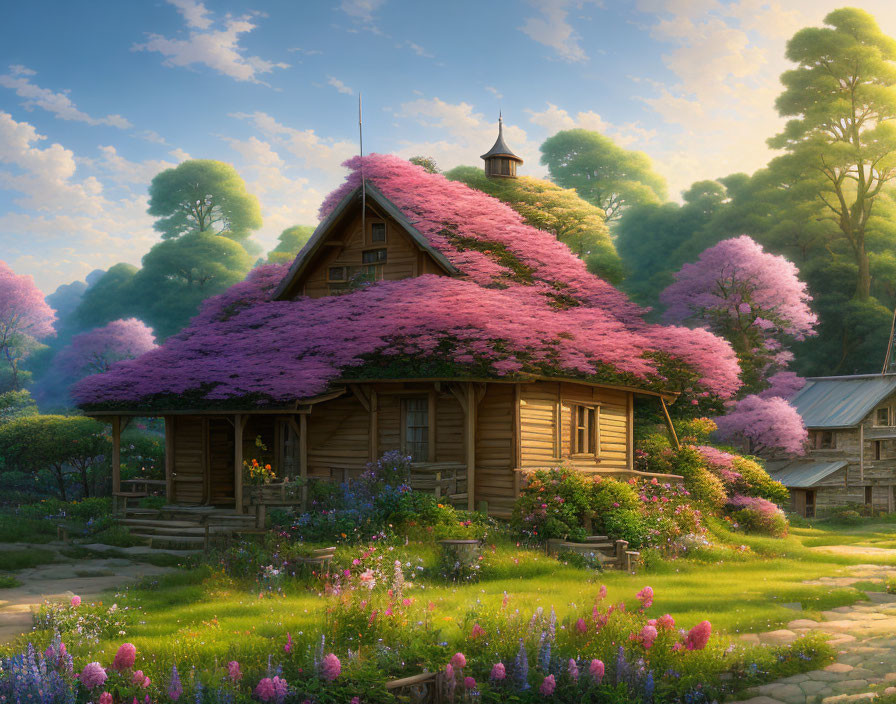 Charming wooden cottage with pink flower roof in sunny garden