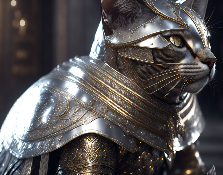 Majestic cat in ornate medieval knight armor with golden accents