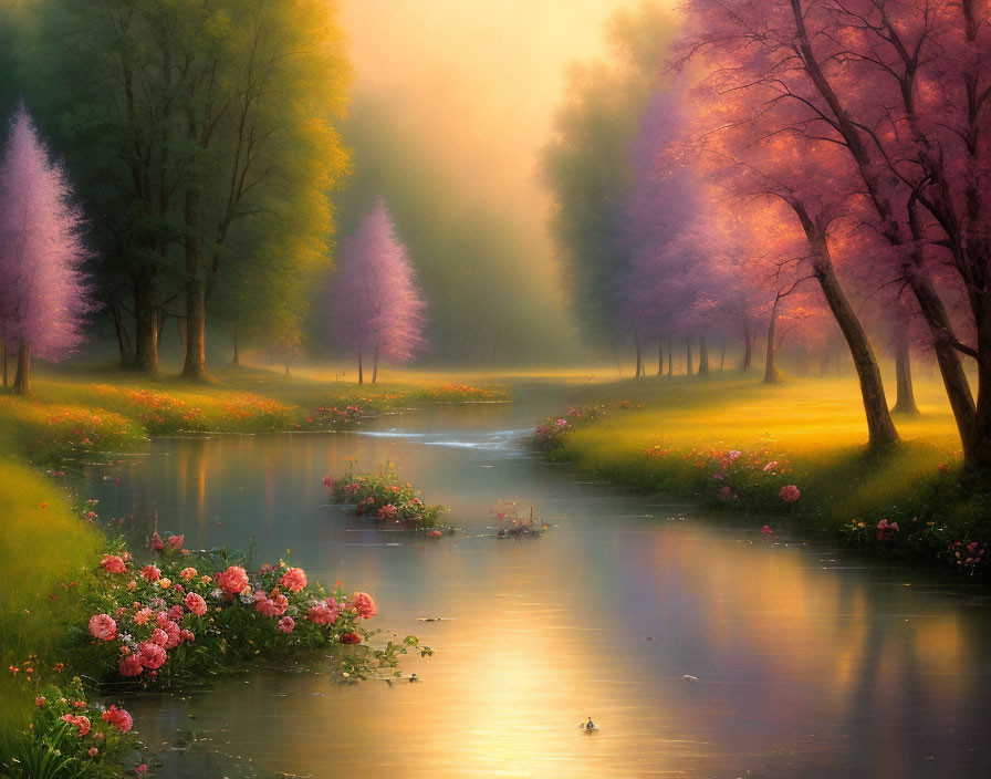 Tranquil landscape with meandering river and blooming trees