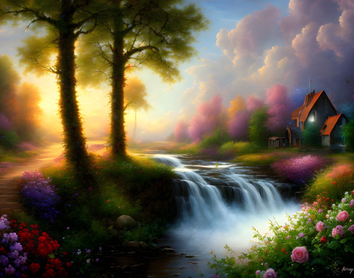 Vibrant flowers, waterfall, house, and trees in countryside landscape