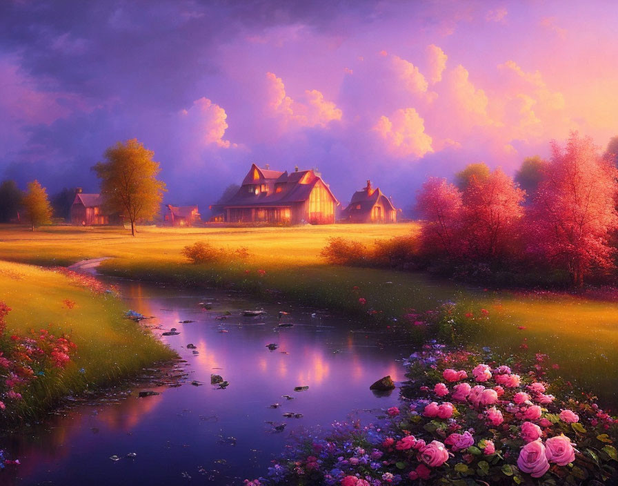 Tranquil rural dusk with cozy houses, river, trees, and pink blossoms