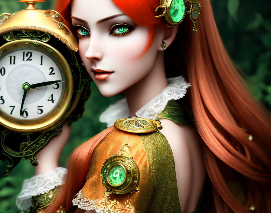 Vibrant red-haired woman with green eyes and clock-themed jewelry holding a golden pocket watch