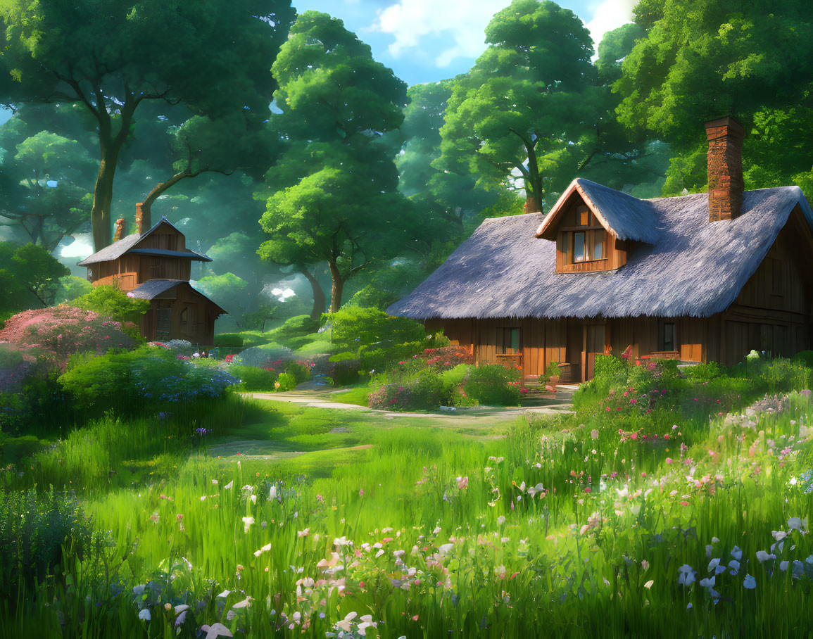 Tranquil woodland scene with thatched-roof cottages and wildflowers