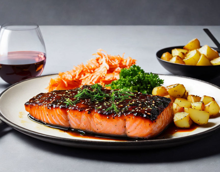 Grilled Salmon with Herbs, Sautéed Potatoes, Fresh Greens, Carrots, and