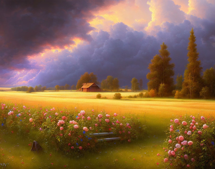 Country Landscape with Vibrant Flowers, Cabin, Fields, Trees, Stormy Sky