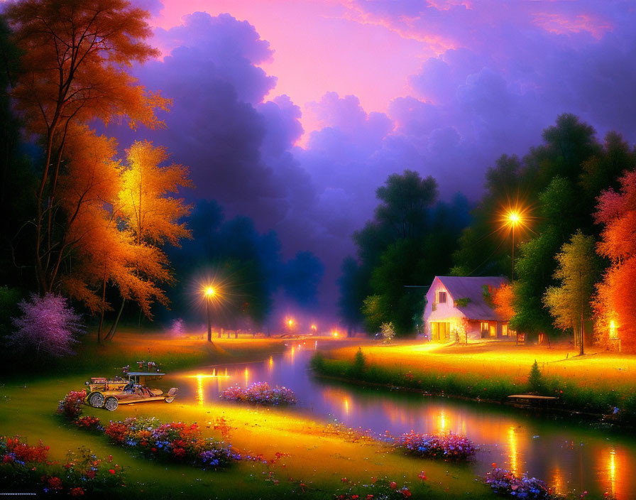 Riverside scene at dusk with illuminated trees, cottage, and small boat