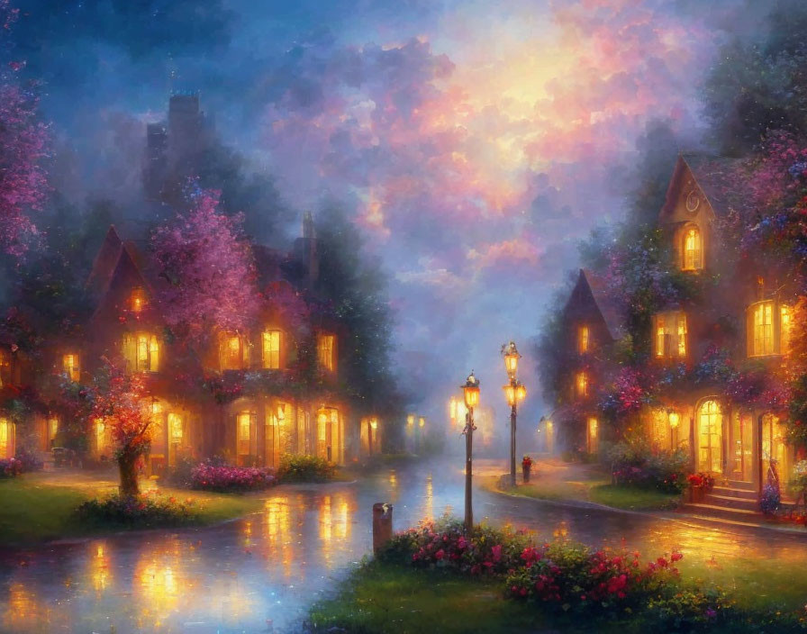 Illuminated cobblestone street with quaint houses and vibrant flowers