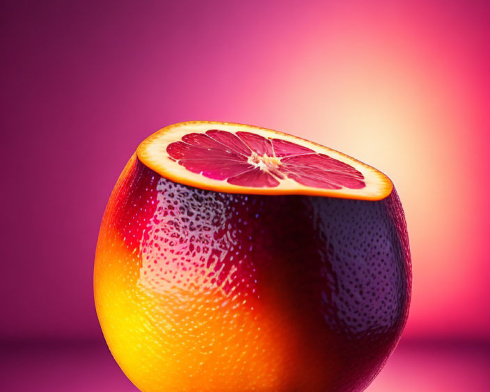 Colorful Grapefruit Slice on Dewy Half with Pink and Purple Background