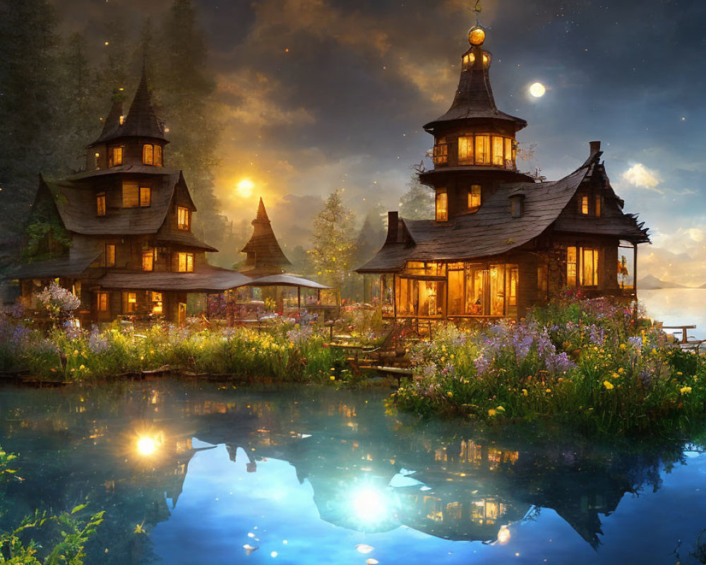 Tranquil Evening Scene: Illuminated Wooden Houses by Lake Amid Lush Flora under Starry