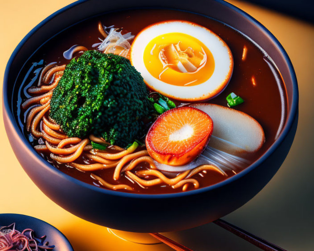 Japanese ramen bowl with egg, seaweed, noodles, and veggies on orange gradient background