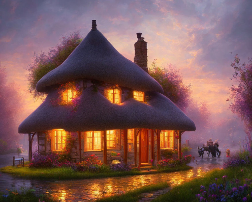 Charming thatched cottage with glowing windows in lush garden at dusk