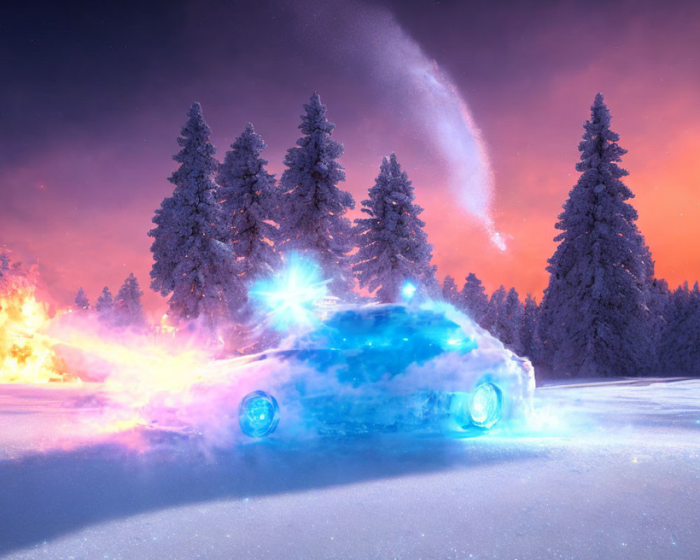 Vibrantly illuminated sports car in snowy twilight landscape