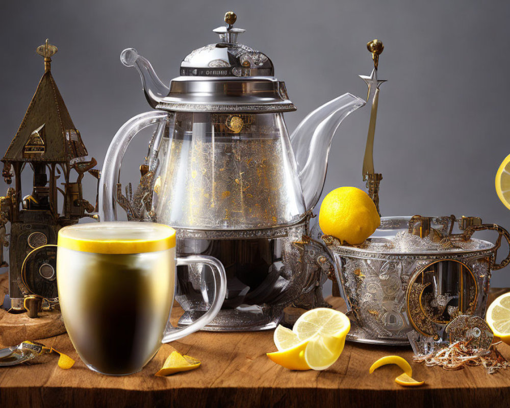 Luxurious Tea Set with Silver Teapot, Golden Cup, and Lemon Slices