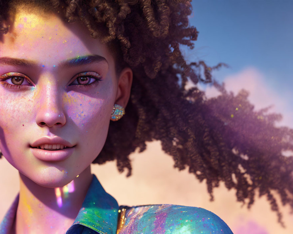 Curly-haired woman in galaxy-themed jacket with sparkling makeup