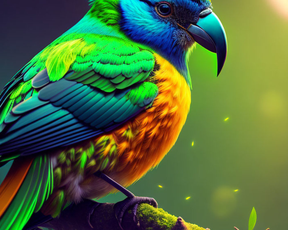 Vibrant colorful parrot on branch with blue, green, and yellow feathers