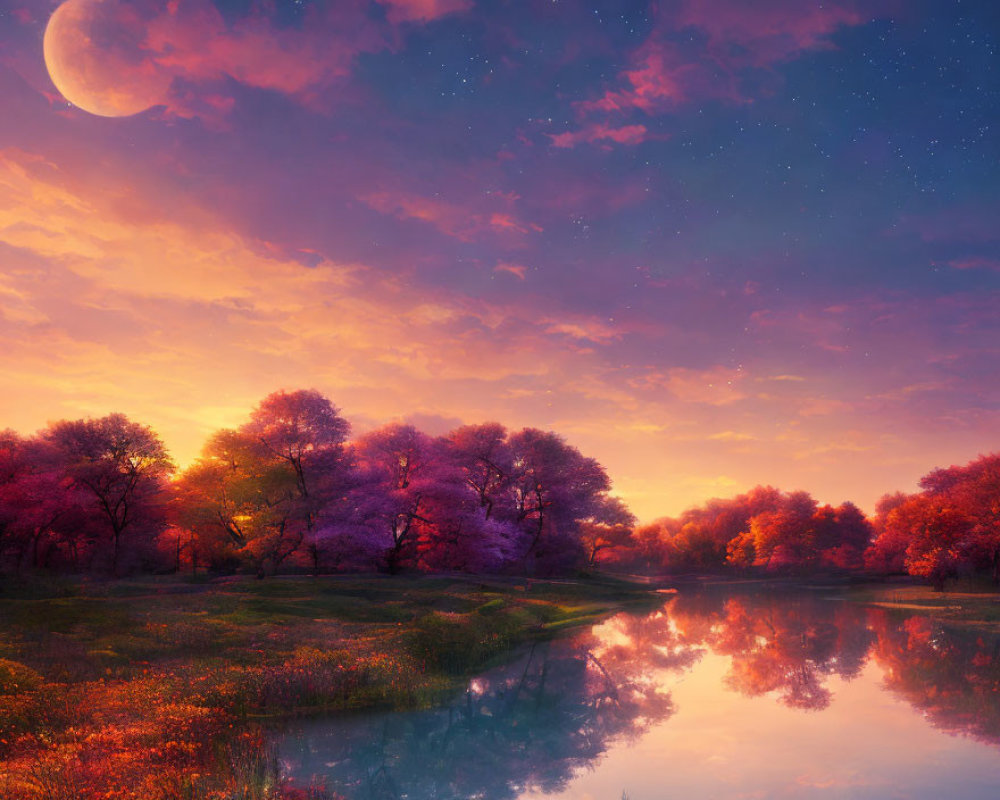 Tranquil twilight landscape with pink blossoms, serene river, lush grass, starry sky,