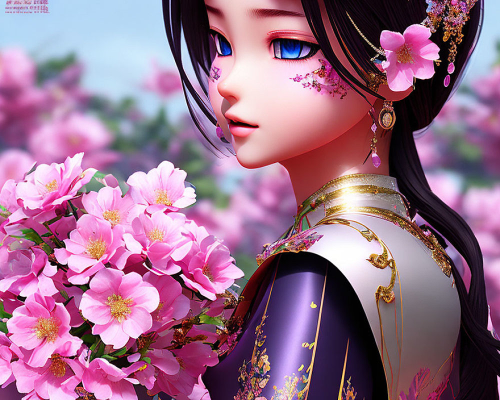 Traditional attire animated character with large blue eyes admiring pink blossoms on floral backdrop