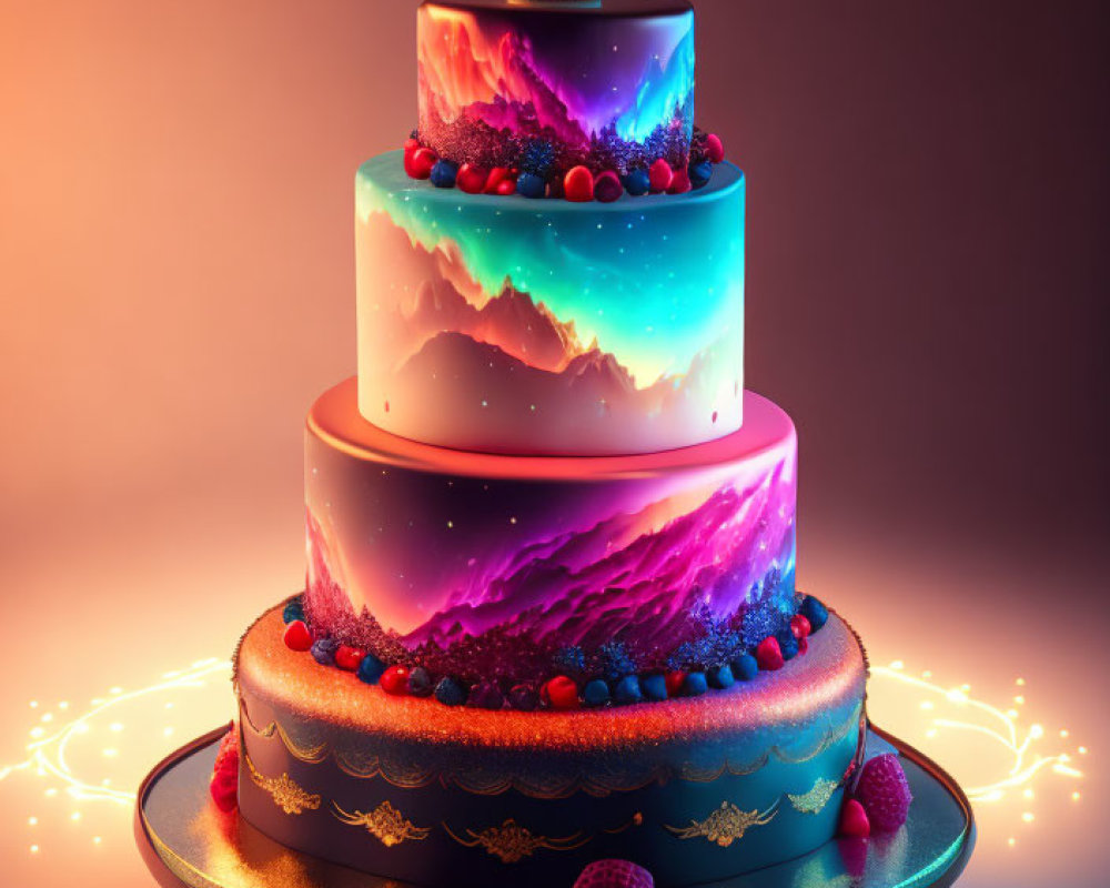 Colorful Galactic Themed Three-Tiered Cake with Gold Accents