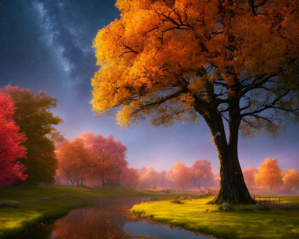 Twilight autumn landscape with colorful trees and illuminated centerpiece