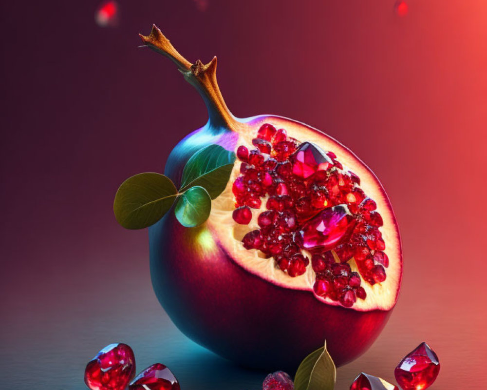 Shiny ruby-like pomegranate seeds on reflective surface with red background