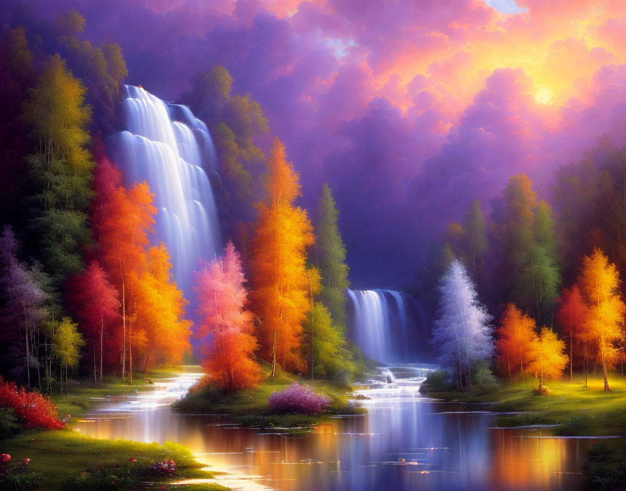 Tranquil River with Vibrant Waterfalls and Autumn Trees