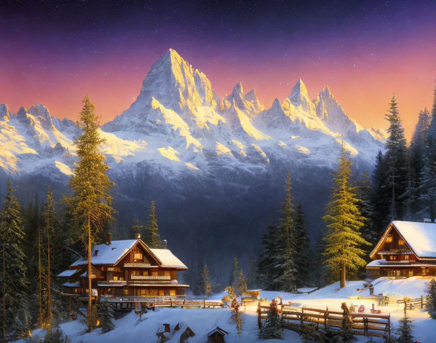 Snowy Mountains Twilight Scene with Cozy Chalets and Starry Sky