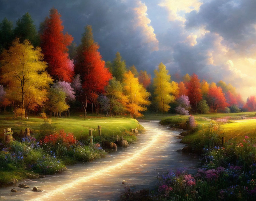 Scenic river in autumn forest with colorful trees and bright path