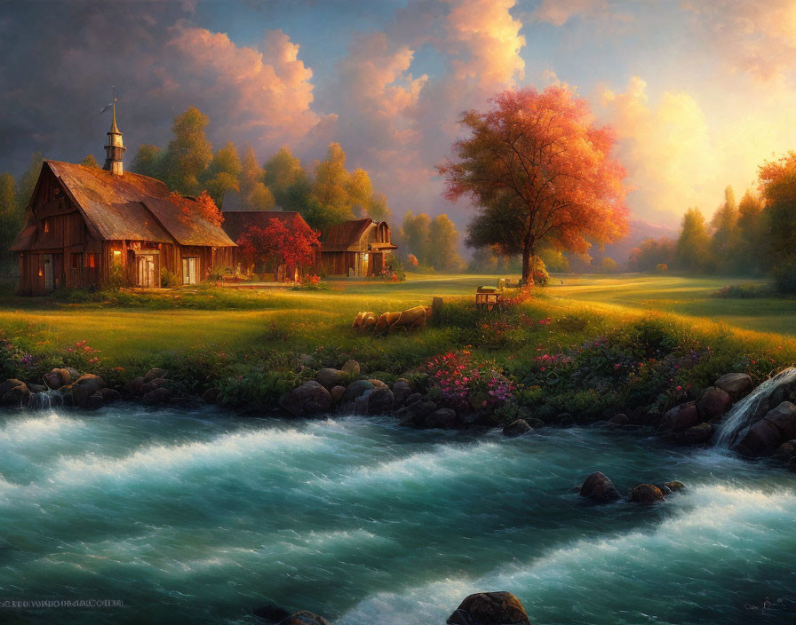 Rural wooden cottage by river in autumn setting