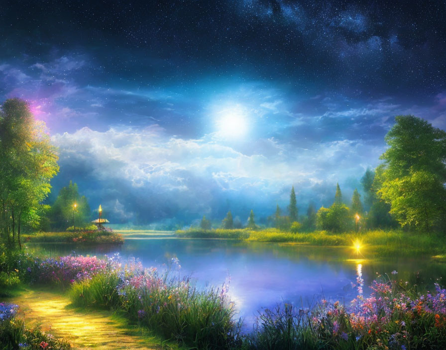 Serene night landscape with starry sky, lake, trees, wildflowers & moonlit path to