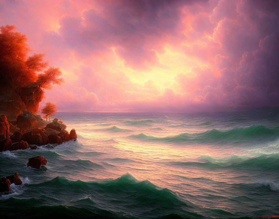 Orange and Violet Sunset Sky over Tumultuous Sea and Rocky Shore