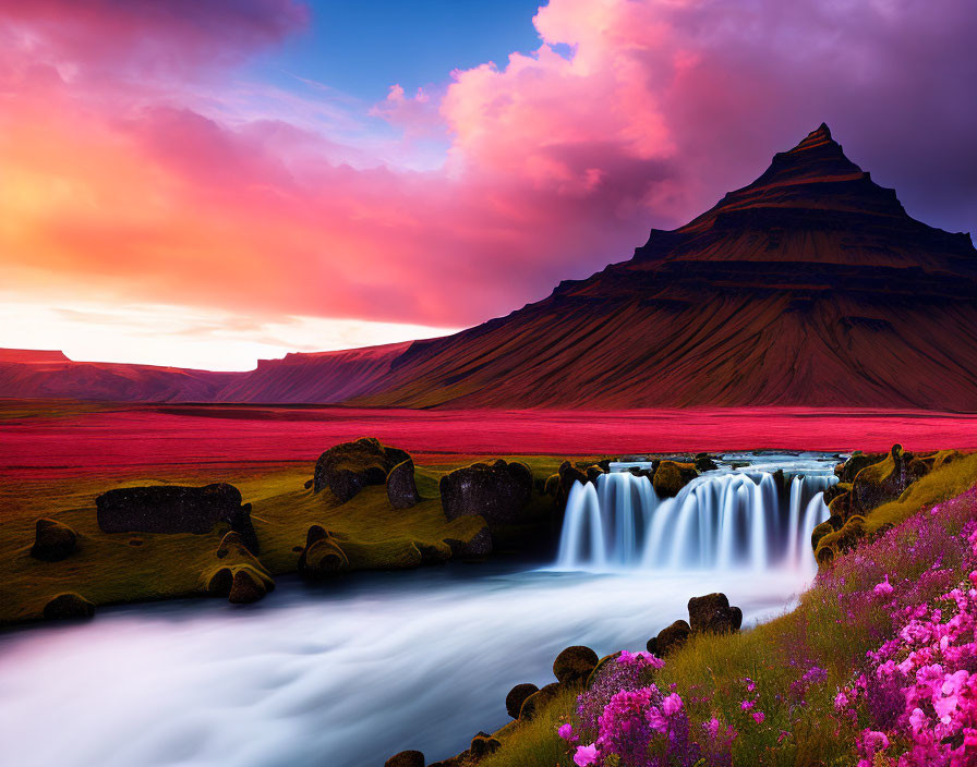 Majestic mountain landscape with waterfall and wildflowers