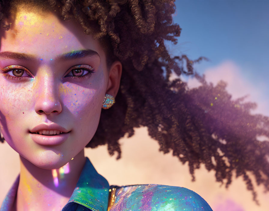 Curly-haired woman in galaxy-themed jacket with sparkling makeup