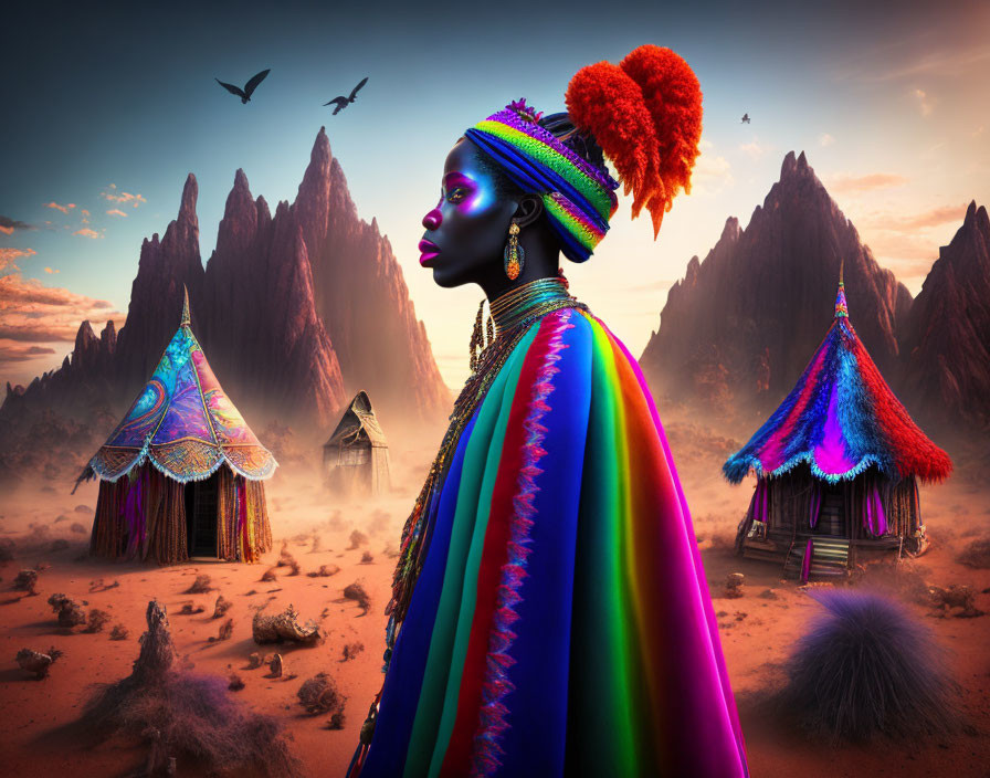 Colorful portrait of woman in vibrant makeup in surreal desert landscape