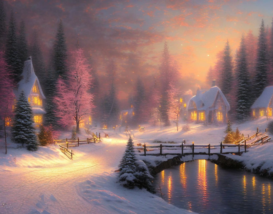 Snow-covered pathways, cottages, bridge, and pink sky in serene winter evening